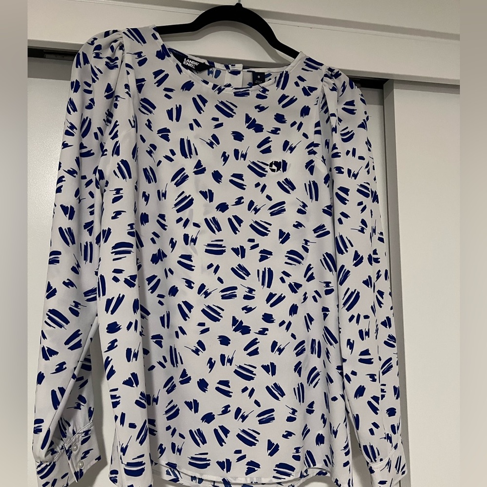 Chase Bank Lands' End White and Blue Blouse
